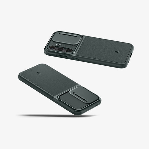 ACS05639 - Galaxy S23 Ultra Case Optik Armor in black showing the back with lens protector slot open